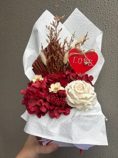 Crimson Whisper Small Box — red preserved bouquet with love heart