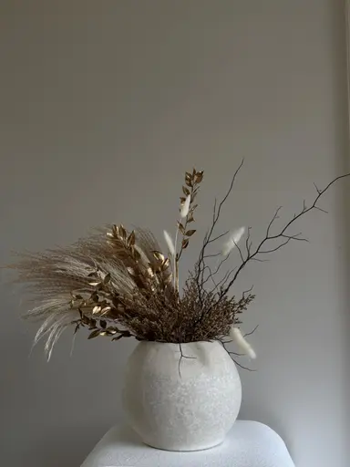Textured Earth Vase — round vase with golden dried botanicals