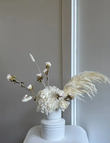 Arched White Vase — white ridged vase with pampas and dried florals