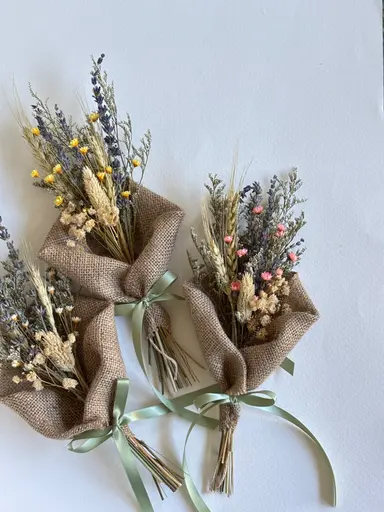 Lavender and Wheat Posies — petite dried bouquets in burlap
