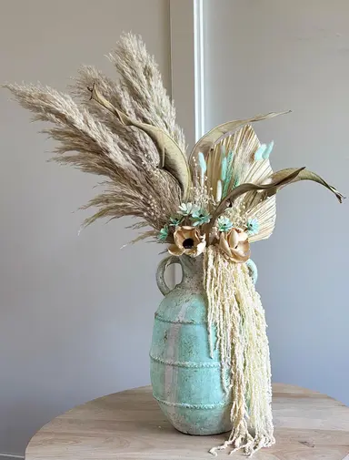 Costal Drift Vase — turquoise vase with pampas and dried botanicals
