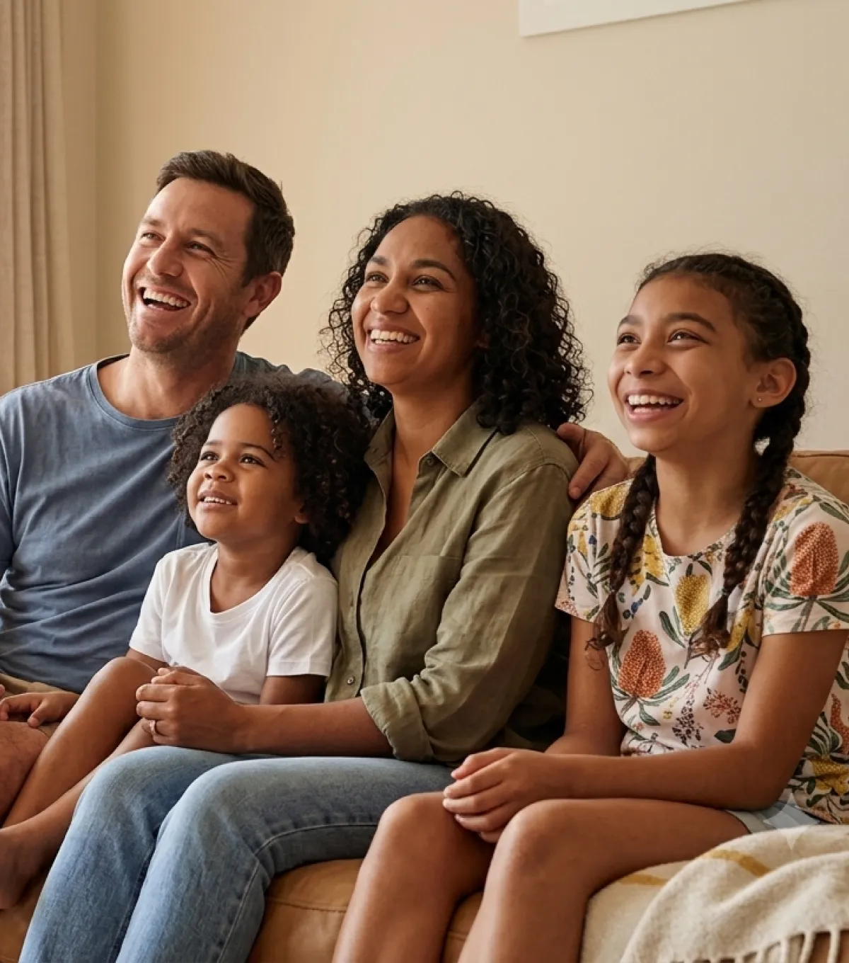 A family laughing together on the sofa