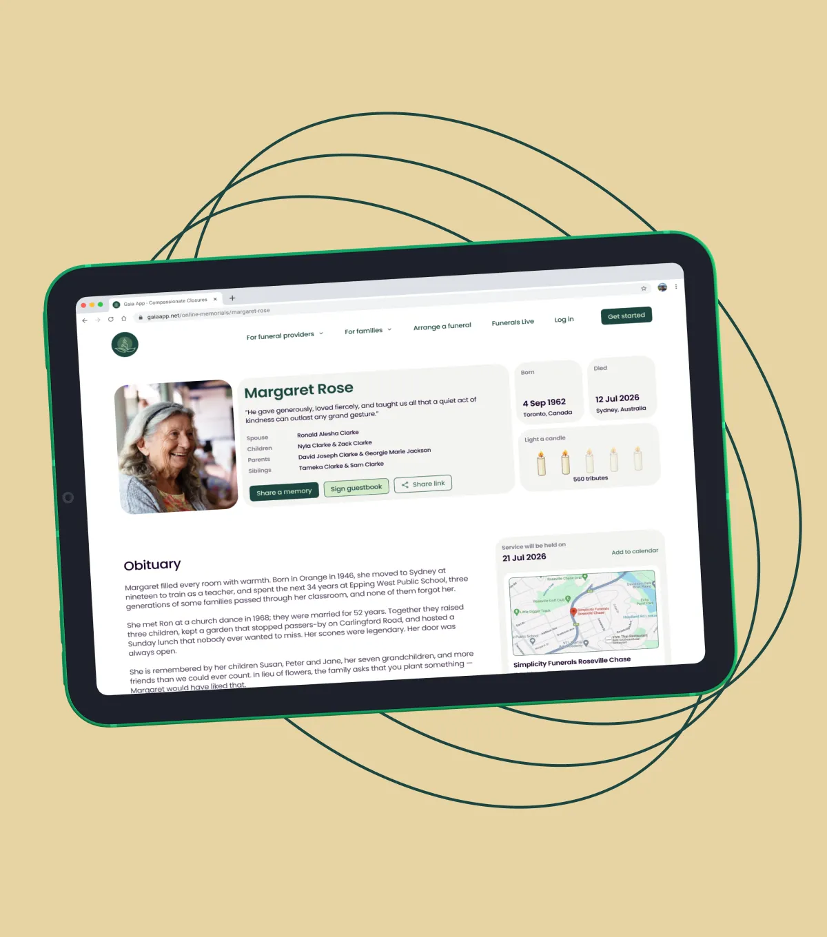 An online memorial page for Margaret Rose, shown on a tablet