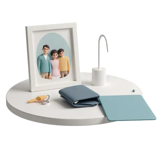 A family photo frame beside keys and a wallet